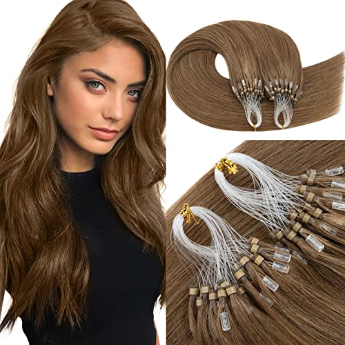Micro Loop Hair Extensions, 100% Remy Human Hair, Microlink Extensions, No Tangle & Smooth, 50 Strands 50g, 22 Inch #Light Brown