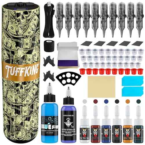 Tuffking Wireless Tattoo Machine Complete Tattoo Gun Kit with 1600mAh Tattoos Power 10PCS Cartridge Needles 8PCS Colorful Ink Tattooing Supplies for Tatto Artists(Gold 1)