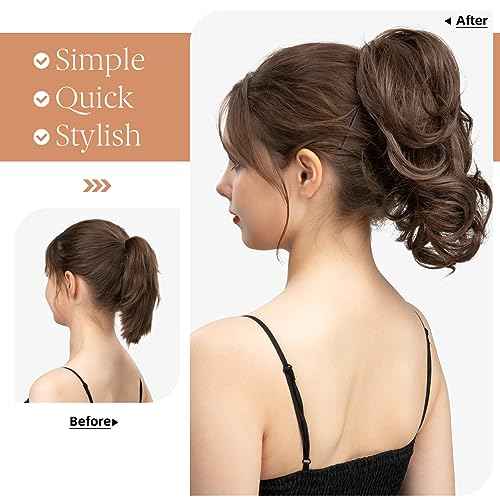 CJL HAIR Claw Clip Short Ponytail Hair Extensions DIY Bendable Metals Messy Bun Hair Piece for Wonen Wavy Curly Synthetic Fake Hairpieces Gloden Blonde and Beach Blonde Tips