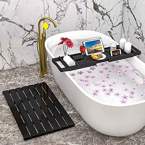 Domax Bathtub Caddy Tray Expandable Bamboo Tub Tray for Luxury Bath with Book Holder and Free Soap Dish Black
