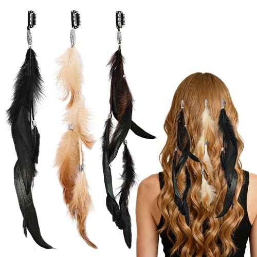 Feathers Hair Extensions for Women Boho Clip-in Hair Feather Accessories for Carnival Halloween Party Performances Photo Shoots, Brown Black Dark Coffee(3 Pcs)