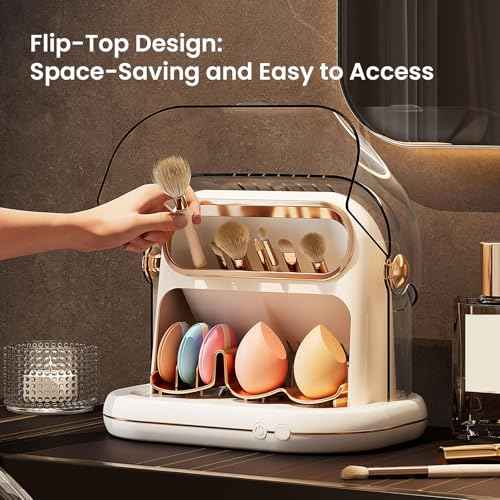 KAYUSO Electric Makeup Brush Dryer Machine, 3 in 1 Automatic Makeup Brush Dryer and Storage with Cover, Timed Cleaning Tool for Most Size Brushes and Sponges