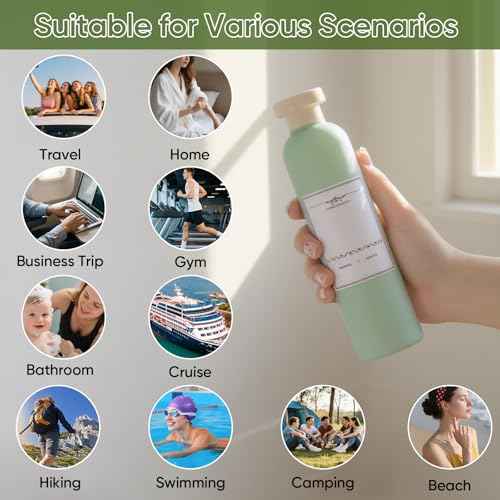 DEMORA 8.8oz Large Travel Bottles for Toiletries, Leak Proof Plastic Travel Squeeze Bottles Refillable Toiletry Containers with Flip Caps and Labels for Shampoo Conditioner Body Wash (Green, 4 Pcs)