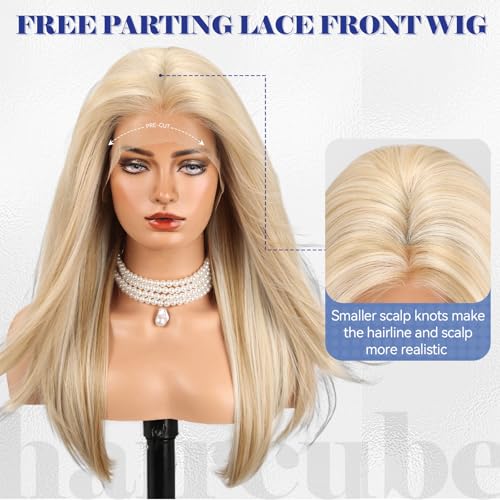 HAIRCUBE 13X6 HD Synthetic Lace Front Glueless Wig, 24 Inch Blonde Highlight Layered Wig, Natural Density Hairline Human-Like Wigs for Women