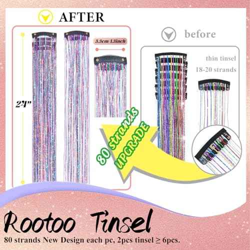 Hair Tinsel Clip in Dreamy Colorful Fairy Hair Tinsel Kit, 12 Pcs 24 Inch Glitter Clip in Hair Extensions for Girls Women Kids Christmas New Year Festival Party (Dreamy Colorful)