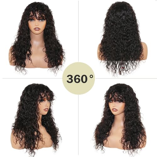 Wig with Bangs 22inch Wet and Wavy Wig with Bangs Glueless Non-Lace Front Wig Machine Made Curly Bob Human Hair Wigs 150% Density Brazilian Virgin Hair for Women Natural Color