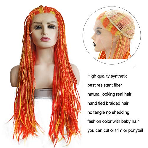 Orange Box Braided Wigs for Women Long Highlight Orange Mixed Yellow Red Piano Color Braid Wigs Lace Front Wig Glueless Heat Resistant Fiber Synthetic Hair Festival Cosplay Daily Wigs 26 Inch