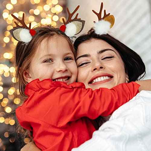 TailaiMei Christmas Hair Clip, 2 Pairs Cute Reindeer Antlers Ears Hair Accessory with Plush Ball, Christmas Hair Pins for Women Girls Kids and Party Favors