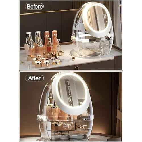 Sooyee Clear Makeup Organizer,Bathroom Counter Organizer, Modern Jewelry and Cosmetic Display Cases with Led Lighted Mirror,Make Up Organizer Stands for Bathroom, Dresser, Vanity Countertop