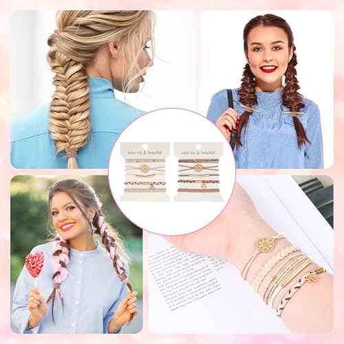 Hair Ties Bracelet for Women, 10 PCS 5 Styles Boho Dual-Use Bracelet and Hair Tie Stylish Soft Braided Hair Bands Elastic No Damage Hair Ties for Thin & Thick Hair Pony Tails (Beige Brown)