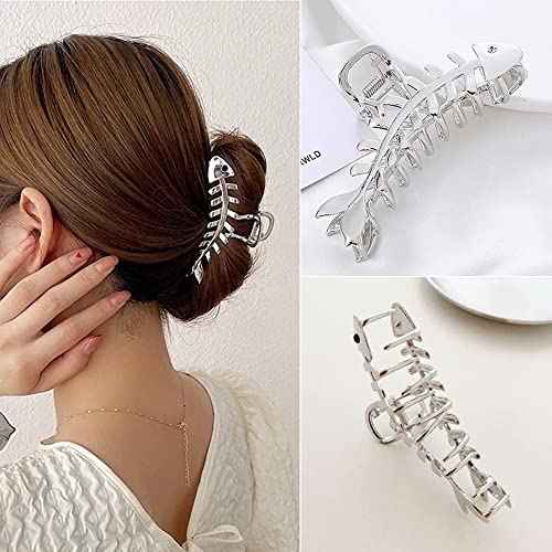 Hair Jaw Claw Clips Fish Bone Shape Large Metal Gold Fashion Nonslip Hairpin Catch Clip Accessories for Thick/Thin Hair HairStyling (Sliver)