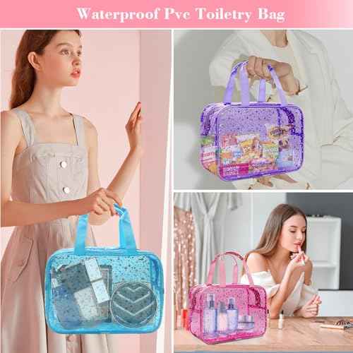 Clear Blue Star Large Makeup Bag with Star Pattern 12x5x8 inch, Travel Cosmetic Bag with Handle, Durable PVC Material Washbag Zipper Opening Design for Makeup Travel Organizer or Gym Use