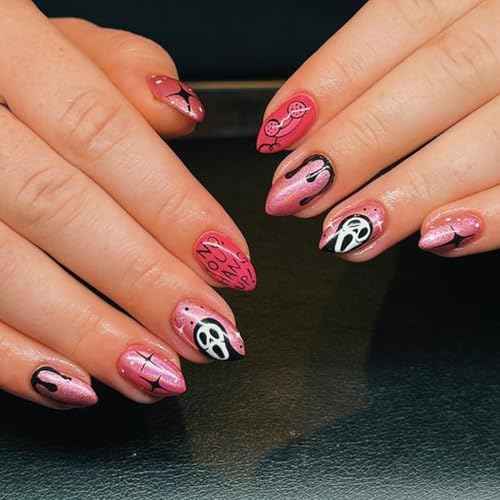 24Pcs Halloween Press on Nails Short Almond Fake Nails Pink Glitter with Cute Ghost Design Star Letter False Nails Full Cover Artificial Glue on Nail Reusable Halloween Stick on Nails for Women DIY