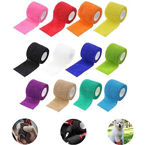 Tattoo Machine Tape, 12 Pcs Self-Adhesive Bandage 2" x 5 Yards Tattoo Grip Wrap Cover Breathable Cohesive Elastic Bandage Rolls for Tattoo Machine Tube Accessories, Sports Tape (12Pcs Mixed)