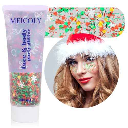 Christmas Makeup,MEICOLY Christmas Face Body Glitter Gel,Christmas Stocking Stuffers Gift Decorations,Festival Hair Glitter for Women Kids Girls,Chunky Sparkling Sequins Glitter Face Paint