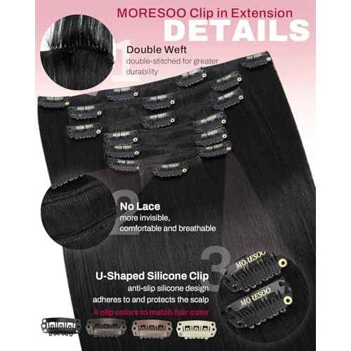 Moresoo Black Clip in Hair Extensions Real Human Hair Clip in Extensions Black Hair Extensions for Women Remy Double Weft 120g/7pcs 20 Inch