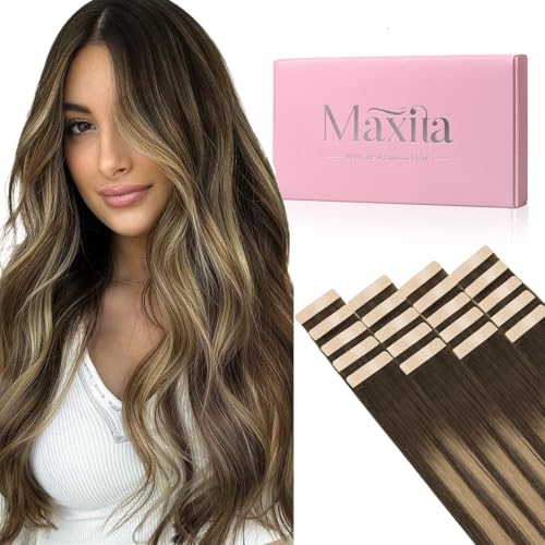 MAXITA Tape in Hair Extensions Human Hair, Balayage Chocolate Brown to Caramel Blonde, 24inch 50g 20pcs, Remy Silky Real Human Hair Extensions Thick Ends Straight Seamless Tape in Hair Extensions