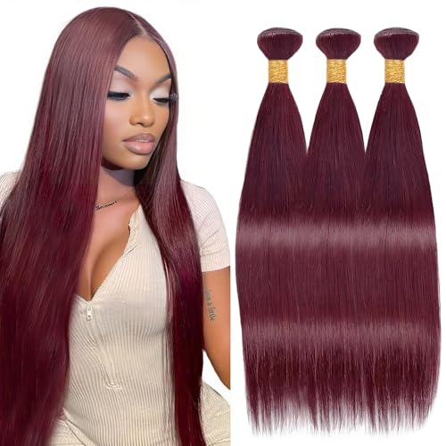 Burgundy 99J Straight Human Hair Bundles 14 16 18 Inch Hair 3 Bundles Color 99J Straight Bundles Unprocessed Brazilian Virgin Hair Weave Extensions For Black Women #99J