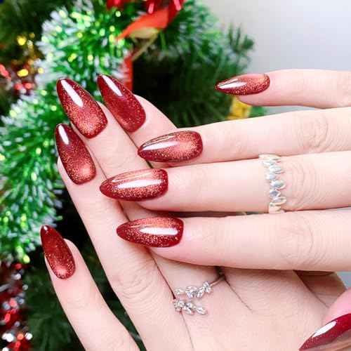 Christmas Press On Nails Medium Almond Fake Nails With Glue, Red Nail Press Ons With Glass Beads Cat's Eye Design£¬Artificial False Nails Stick On Nails for Women-30Pcs