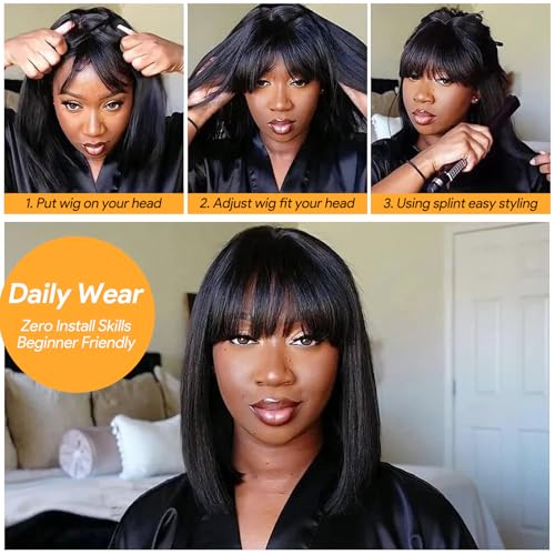 Ruiyu 250 Density Bob Wig with Bangs Human Hair 2x4 HD Lace Closure Front Silky Straight Wigs Human Hair Glueless Ready to Wear and Go for Beginners 100% Brazilian Human Hair for Black Women 10 Inch