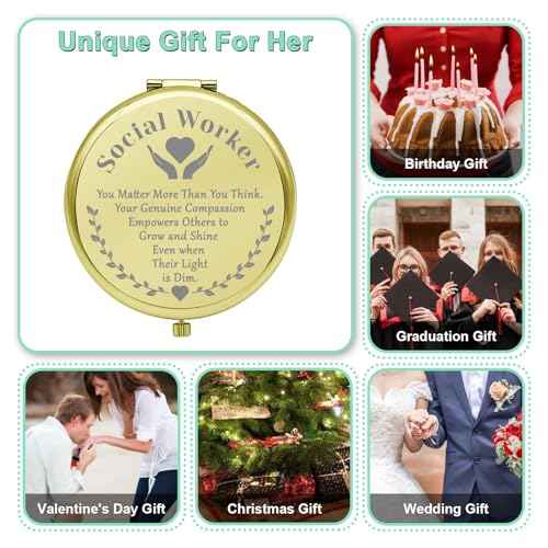 Social Worker Gifts Compact Makeup Mirror Social Worker Appreciation Gifts Retirement Social Work Volunteer Gift Thank You Gifts Folding Makeup Mirror Christmas Birthday Gifts (Gold)