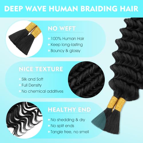 S-noilite Human Braiding Hair for Boho Braids 100% Unprocessed Brazilian Virgin Bulk Hair 3 Bundles/Pack 110g 24 Inch Deep Wave Bundles Human Hair for Bohemian Knotless Braids No Weft #1B