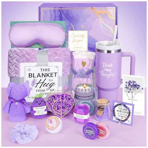 Birthday Gifts for Women Self Care Gifts Get Well Soon Gifts, Lavender Relaxing Spa Gifts Basket Care Package w/ Flannel Blanket 40 oz Tumbler, Unique Mothers Day Gifts for Mom Her Friend Sister Wife