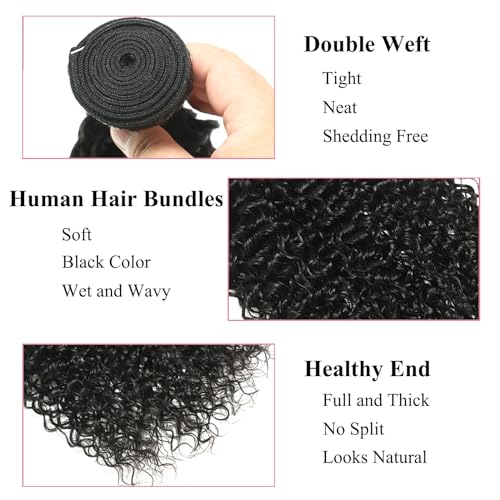 Water Wave Bundles with Closure Human Hair Wet and Wavy 100% Unprocessed Virgin Hair Bundles 16 18 20 inch Human Hair Bundles with Closure 14 inch 5x5 Lace Closure Free Part