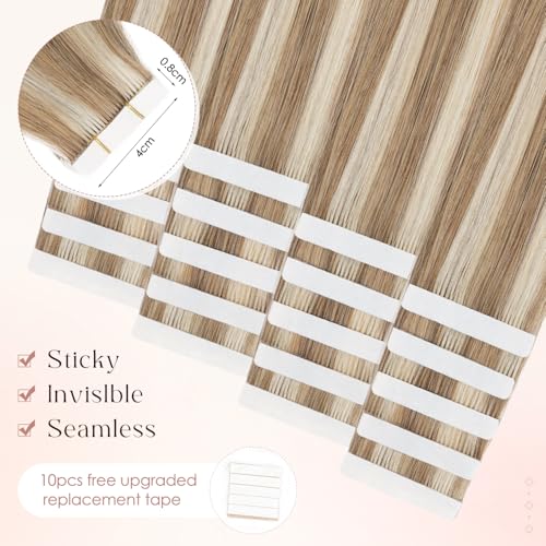 Human Hair Tape in Extensions-Double Stitched,SLEEKALON Free-cut Mini Tape ins Real Hair Extension Highlights Bleach Blonde mix Brown Seamless Straight Double Side Tape Hair-16 Inch,20pcs 50g,#12P613
