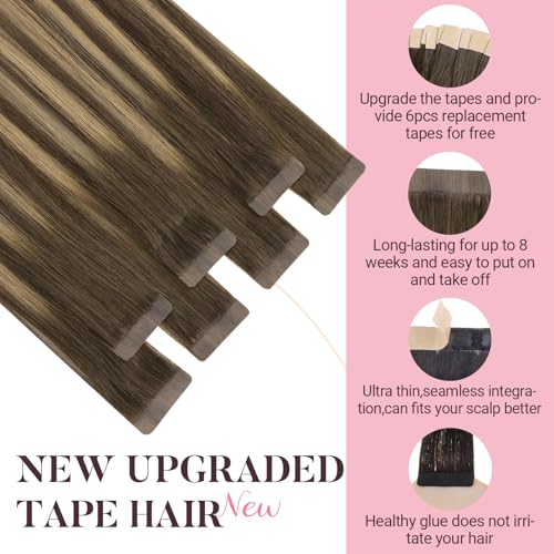 MAXITA Tape in Hair Extensions Human Hair, Balayage Chocolate Brown to Caramel Blonde, 24inch 50g 20pcs, Remy Silky Real Human Hair Extensions Thick Ends Straight Seamless Tape in Hair Extensions