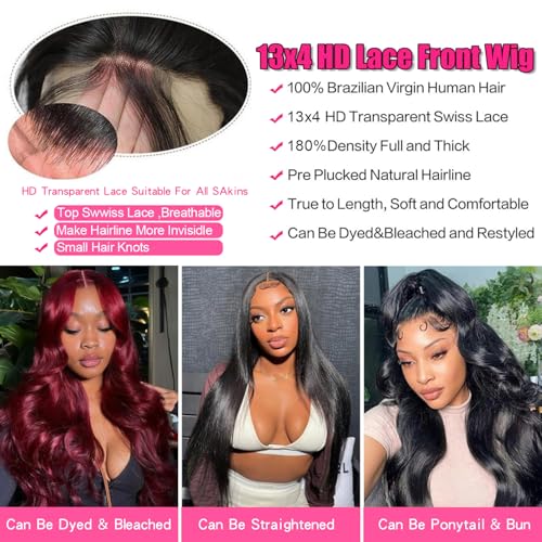 20 Inch Human Hair Wig Body Wave Lace Front Wigs 180% Density 13x4 HD Transparent Lace Frontal Wigs Natural Black Color Pre Plucked Hairline Glueless Wigs for Women