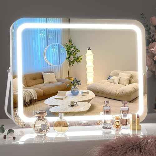 Hasipu Vanity Mirror with Lights, 16" x 12" LED Makeup Mirror, 3 Modes Light, Smart Touch Control Dimmable, 360¡ÆRotation, Rectangle White Frame, with 5X Magnifying Glass