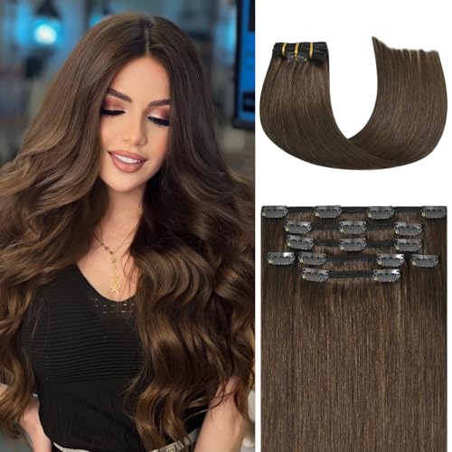 Honsoo Brown Hair Extensions Clip In Human Hair Extensions Natural Soft Hair Medium Brown 100g 20in 7pcs Can Be Styled Long Straight Hair
