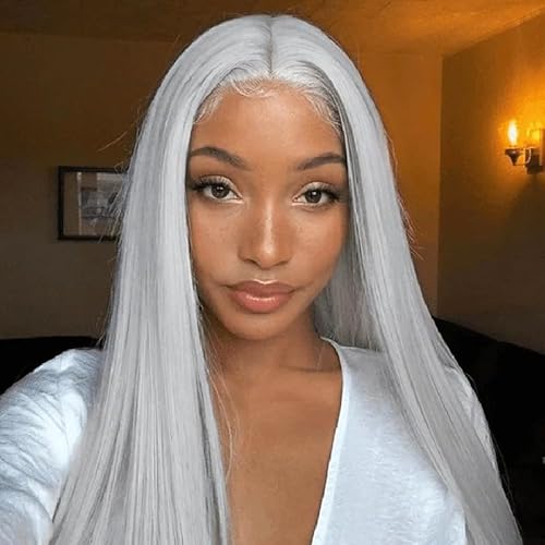 200% Density Silver Grey Lace Front Wigs Human Hair For Women No Mixed Fiber Double Drawn Straight Virgin Hair Wig 13x4 UHD Lace Frontal Wig Brazilian Hair 18 Inches