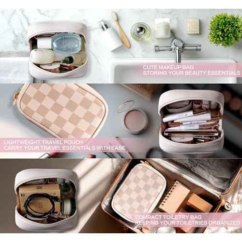 Travel Makeup Bag Cosmetic Bag for Women,Small Makeup Organizer Bag,Cute & Waterproof Vegan Leather Makeup Case with Multiple Compartments,Toiletry Bag for Cosmetics (BROWN)