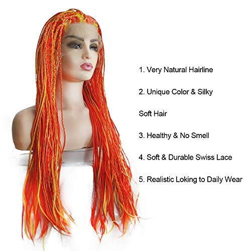 Orange Box Braided Wigs for Women Long Highlight Orange Mixed Yellow Red Piano Color Braid Wigs Lace Front Wig Glueless Heat Resistant Fiber Synthetic Hair Festival Cosplay Daily Wigs 26 Inch