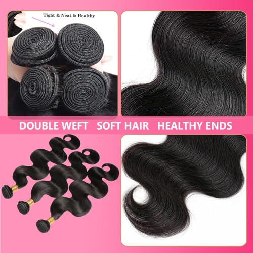 Body Wave Bundles Human Hair 16 18 20Inch 100% Unprocessed 12A Brazilian Virgin Raw Bundles Human Hair 3 Quick Weave Hair Bundles for Women Hair Extensions Natural Black