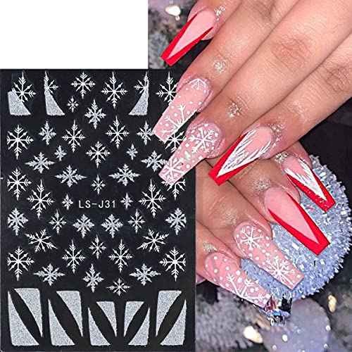 6 Sheets Snowflakes Nail Art Stickers Self-Adhesive Winter Nail Art Supplies Christmas Nail Stickers Glitter Snowflake French Stripe Design 3D White Gold Nail Decals for Women Xmas Nail Decor Charms