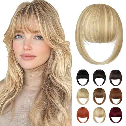 Bangs Hair Clip in Bangs, French Light Blonde Mix Bleach Blonde Fake Bangs Hair Clip on Bangs for Women Fringe with Temples Hairpieces Faux Bangs for Daily Wear