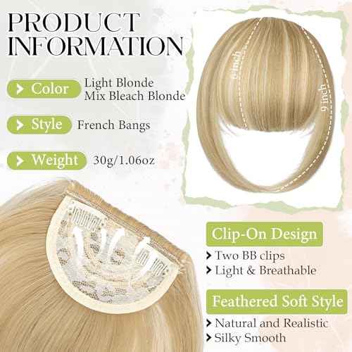 Bangs Hair Clip in Bangs, French Light Blonde Mix Bleach Blonde Fake Bangs Hair Clip on Bangs for Women Fringe with Temples Hairpieces Faux Bangs for Daily Wear