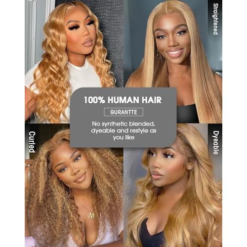 Honey Blonde Lace Front Wigs Human Hair 13x4 HD Transparent Lace Frontal Wigs Body Wave Colored 27 Honey Brown Wavy Wig Pre-Plucked Hairline 180% Density 20 inch