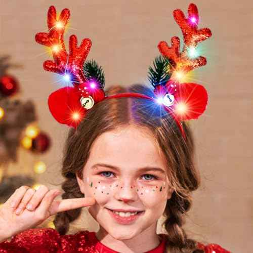 CAKURE Light Up Reindeer Antlers Headband LED Glow Christmas Headbands Deer Ears Hair Bands Holiday Xmas Headwear for Women