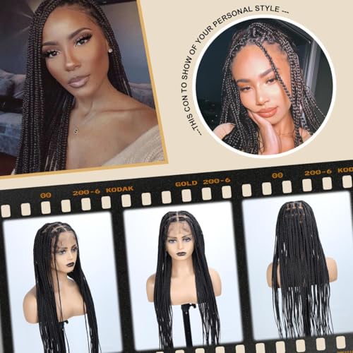 36 inch Knotless Box Braid Wigs, 360 Single Full Lace Braided Wigs for Black Women, Synthetic Black Braided Lace Wig