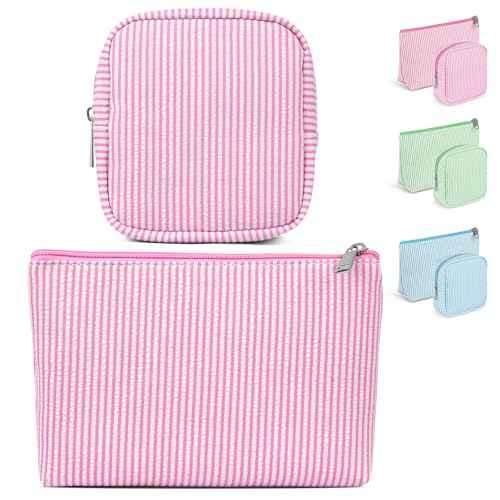 Breteil 2PCS Small Makeup Bag for Purse Cute Make up Bag with Mini Cosmetic Bag with Slip-in Pockets Candy Stripes Makeup Pouch Gifts for Women - Pink