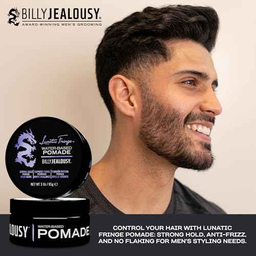 Billy Jealousy Lunatic Fringe Water-Based Pomade for Men, Strong Hold, High Shine, Water Soluble and Vegan Hair Product Ideal for Medium to Long Thick Mane, 3 oz