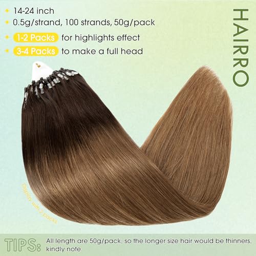 Hairro Microlinks Hair Extensions Real Human Hair Micro Ring Beads Remy Hair Extension Cold Fusion I Tip Loop Stick Hairpiece For Women 22 inch 50g 100 Strands #2T6 Dark Brown Ombre Light Brown