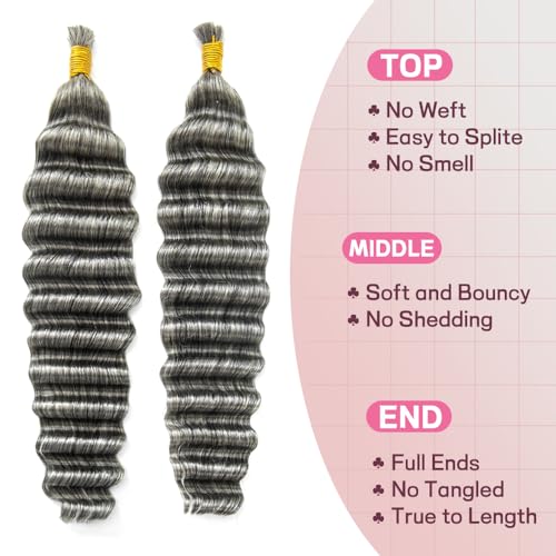 KRN Grey Deep Wave Bulk Human Braiding Hair 2 Bundles/Pack 100g Curly for Boho Braids 12A Salt And Pepper No Weft Wet and Wavy Gray 18Inch