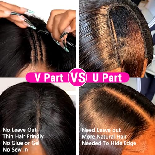V Part Wigs Human Hair Straight Minimal/No Leave Out Upgrade U Part Wig for Black Women 200% Density Clip in Half Wig No Lace No Glue No Sew Natural Black 22 Inch