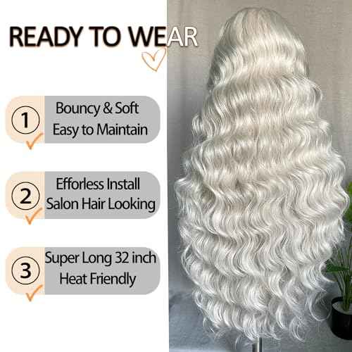 SOKU 13x6 Lace Frontal Wig 32 Inch Sliver Color Boby Wave Pre-plucked Hairline with Baby Hair Transparent Lace Heat Friendly Synthetic Light Grey Lace Front Wavy Wigs for Women Christmas Gift