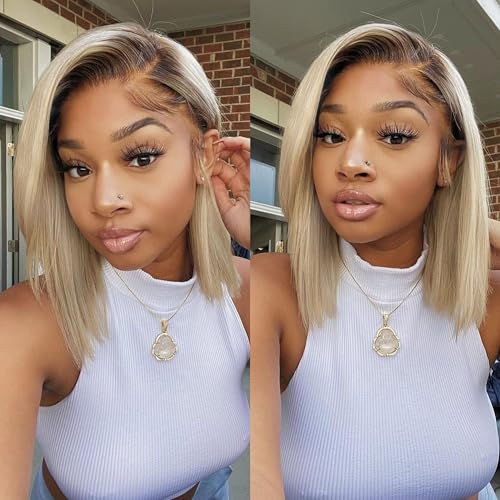 180% Density Ombre Ash Blonde Bob Wig Human Hair 13x4 HD Invisible Front Wigs for Women Grey Ash Blonde Glueless Straight Bob Wig with Dark Roots Bleached Knots 14 Inch